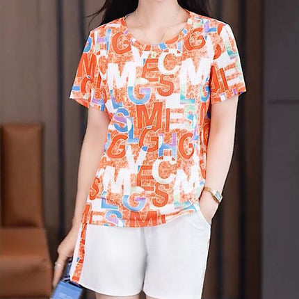 Orange Alphabet Print Two Piece Set Casual Summer Wear for Women Short Sleeves Elastic Waist Shorts