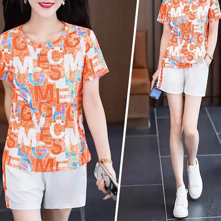 Orange Alphabet Print Two Piece Set Casual Summer Wear for Women Short Sleeves Elastic Waist Shorts