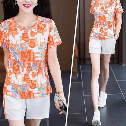 Orange Alphabet Print Two Piece Set Casual Summer Wear for Women Short Sleeves Elastic Waist Shorts