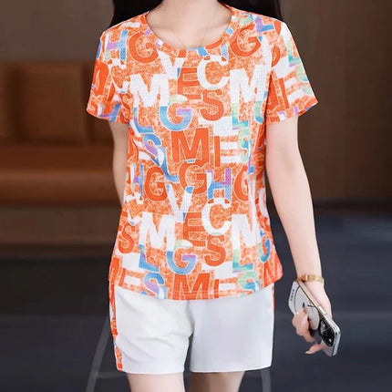 Orange Alphabet Print Two Piece Set Casual Summer Wear for Women Short Sleeves Elastic Waist Shorts