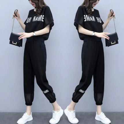 Comfy and Chic Women's Black 2-Piece Set Round Neck Short Sleeves Elastic Waist Breathable Casual Sports Suit