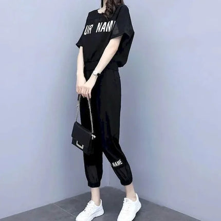 Comfy and Chic Women's Black 2-Piece Set Round Neck Short Sleeves Elastic Waist Breathable Casual Sports Suit