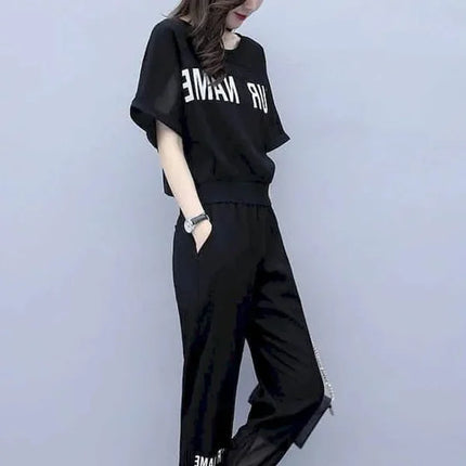 Comfy and Chic Women's Black 2-Piece Set Round Neck Short Sleeves Elastic Waist Breathable Casual Sports Suit