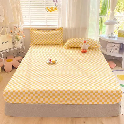 Plaid Queen Size Bed Sheets Set Soft Cotton Blends Premium Quality Easy Wear with 2 Pillow Covers Non Slip White Yellow 150 x 200cm