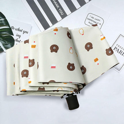 Bear Print Folding Umbrella Sunscreen Rain &amp; UV Protection Mini Tri-Fold Design Easy Carry with Cover