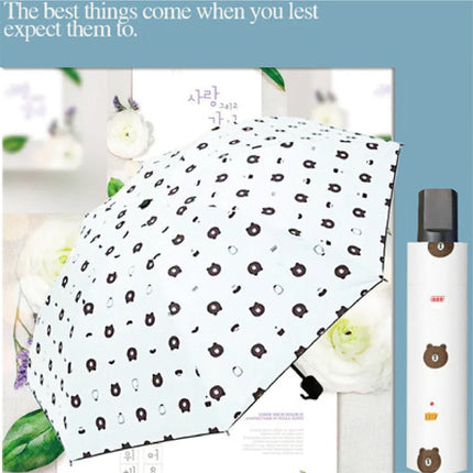 Bear Print Folding Umbrella Sunscreen Rain &amp; UV Protection Mini Tri-Fold Design Easy Carry with Cover