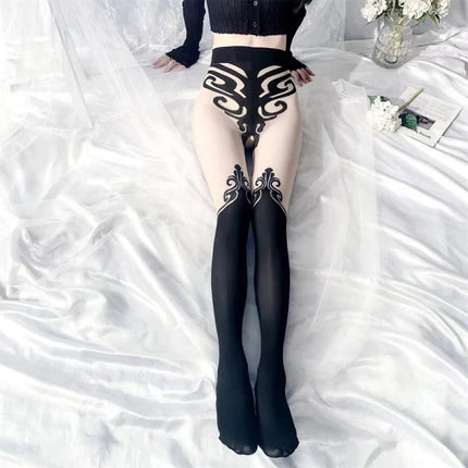 Tattoo Design Full-length Women's Stocking Garter Underwear See Through Lingerie Black Temptation Nightwear Ultra Thin Sheer Tight Stylish Legging Girls Fashion Long Elastic Waist Pantyhose