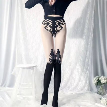 Tattoo Design Full-length Women's Stocking Garter Underwear See Through Lingerie Black Temptation Nightwear Ultra Thin Sheer Tight Stylish Legging Girls Fashion Long Elastic Waist Pantyhose