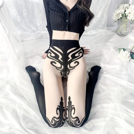 Tattoo Design Full-length Women's Stocking Garter Underwear See Through Lingerie Black Temptation Nightwear Ultra Thin Sheer Tight Stylish Legging Girls Fashion Long Elastic Waist Pantyhose