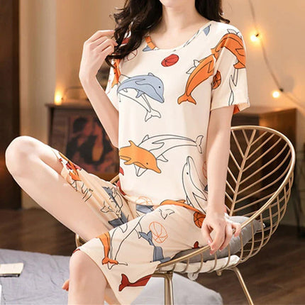 2 Pieces Women's Short Sleeved Pajama Set Soft Fabric Dolphins Printed Girls Top Shirt Round Neck Elastic Waist Bottom Shorts Female Clothing Nightwear Comfortable Two Pcs Set