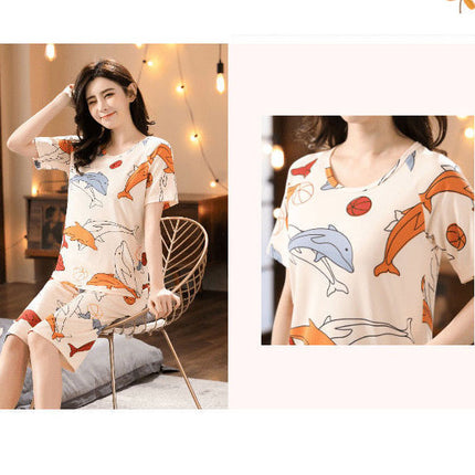 2 Pieces Women's Short Sleeved Pajama Set Soft Fabric Dolphins Printed Girls Top Shirt Round Neck Elastic Waist Bottom Shorts Female Clothing Nightwear Comfortable Two Pcs Set