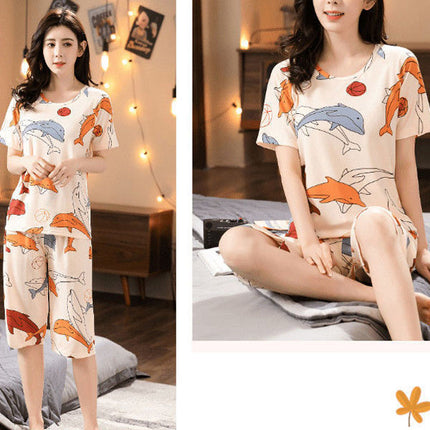 2 Pieces Women's Short Sleeved Pajama Set Soft Fabric Dolphins Printed Girls Top Shirt Round Neck Elastic Waist Bottom Shorts Female Clothing Nightwear Comfortable Two Pcs Set