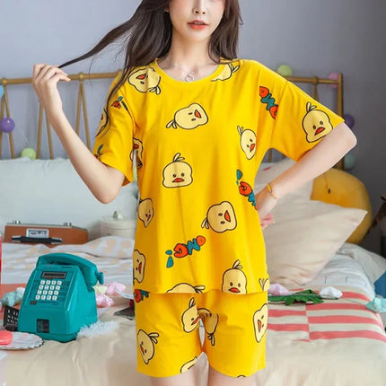 2 Pieces Women's Short Sleeved Pajama Set Soft Fabric Cute Chick Printed Girls Top Shirt Round Neck Elastic Waist Bottom Shorts Female Clothing Nightwear Comfortable Two Pcs Set