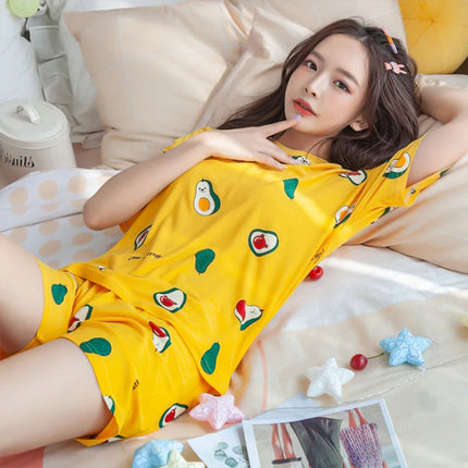 2 Pieces Women's Short Sleeved Pajama Set Soft Fabric Cute Chick Printed Girls Top Shirt Round Neck Elastic Waist Bottom Shorts Female Clothing Nightwear Comfortable Two Pcs Set