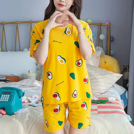 2 Pieces Women's Short Sleeved Pajama Set Soft Fabric Cute Chick Printed Girls Top Shirt Round Neck Elastic Waist Bottom Shorts Female Clothing Nightwear Comfortable Two Pcs Set