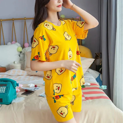 2 Pieces Women's Short Sleeved Pajama Set Soft Fabric Cute Chick Printed Girls Top Shirt Round Neck Elastic Waist Bottom Shorts Female Clothing Nightwear Comfortable Two Pcs Set