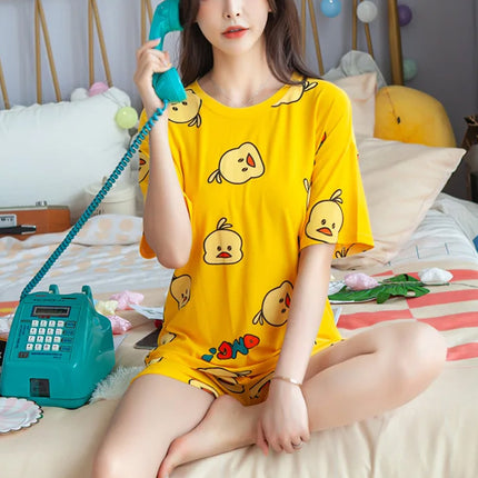 2 Pieces Women's Short Sleeved Pajama Set Soft Fabric Cute Chick Printed Girls Top Shirt Round Neck Elastic Waist Bottom Shorts Female Clothing Nightwear Comfortable Two Pcs Set