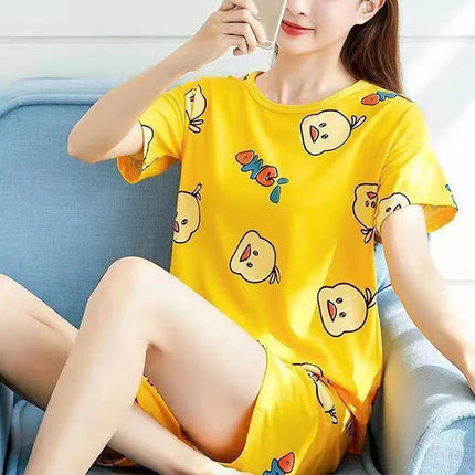 2 Pieces Women's Short Sleeved Pajama Set Soft Fabric Cute Chick Printed Girls Top Shirt Round Neck Elastic Waist Bottom Shorts Female Clothing Nightwear Comfortable Two Pcs Set