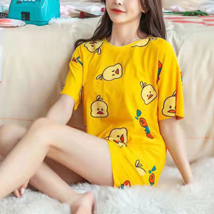 2 Pieces Women's Short Sleeved Pajama Set Soft Fabric Cute Chick Printed Girls Top Shirt Round Neck Elastic Waist Bottom Shorts Female Clothing Nightwear Comfortable Two Pcs Set