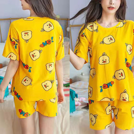 2 Pieces Women's Short Sleeved Pajama Set Soft Fabric Cute Chick Printed Girls Top Shirt Round Neck Elastic Waist Bottom Shorts Female Clothing Nightwear Comfortable Two Pcs Set