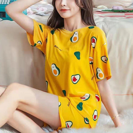 2 Pieces Women's Short Sleeved Pajama Set Soft Fabric Cute Chick Printed Girls Top Shirt Round Neck Elastic Waist Bottom Shorts Female Clothing Nightwear Comfortable Two Pcs Set