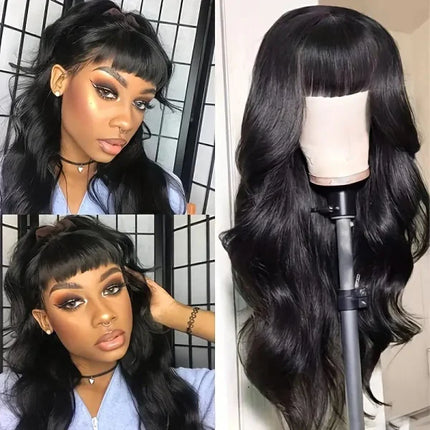 26 Inch Long Length Curly Women's Hair Wig Body Wave with Bangs Black Curly Inner Cap Girls Party Wear Easywear Stylish Ladies Synthetic Complete Wigs