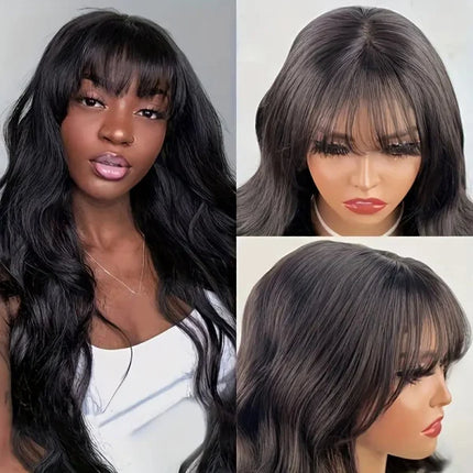 26 Inch Long Length Curly Women's Hair Wig Body Wave with Bangs Black Curly Inner Cap Girls Party Wear Easywear Stylish Ladies Synthetic Complete Wigs