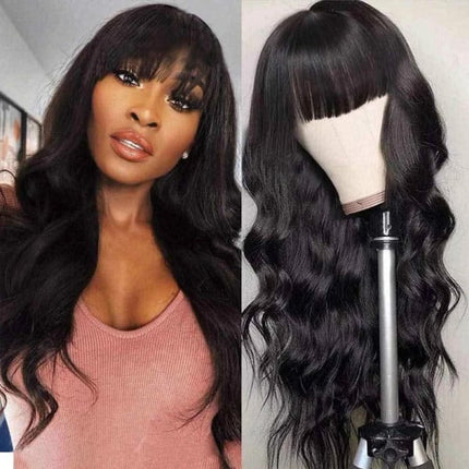 26 Inch Long Length Curly Women's Hair Wig Body Wave with Bangs Black Curly Inner Cap Girls Party Wear Easywear Stylish Ladies Synthetic Complete Wigs