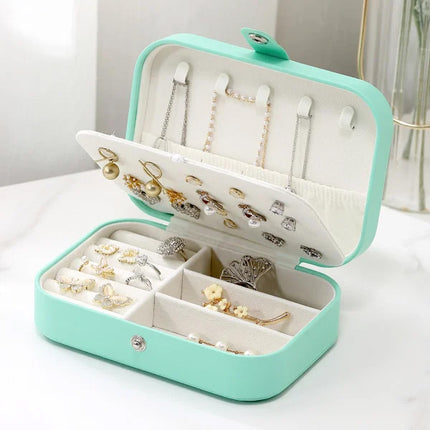 Travel Jewelry Case Small Box Double Layer For Necklace Earring Rings Jewelries Holder Portable Storage Sleek Organizer - Green