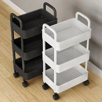 3 Tier Large Size Wide Capacity 4 Wheels Storage Rack Floor-standing Household Movable Multi-layer Space Saving Trolley Multi-functional Bathroom Kitchen Shelf Room Bedside Trolley Hooks High-quality