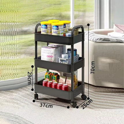 3 Tier Large Size Wide Capacity 4 Wheels Storage Rack Floor-standing Household Movable Multi-layer Space Saving Trolley Multi-functional Bathroom Kitchen Shelf Room Bedside Trolley Hooks High-quality