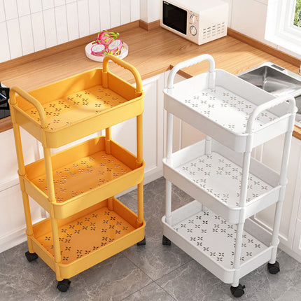 3 Tier Large Size Wide Capacity 4 Wheels Storage Rack Floor-standing Household Movable Multi-layer Space Saving Trolley Multi-functional Bathroom Kitchen Shelf Room Bedside Trolley Hooks High-quality