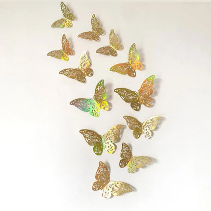 3D Butterfly Wall Stickers, 12pcs, Shiny Gold, Multi-Size