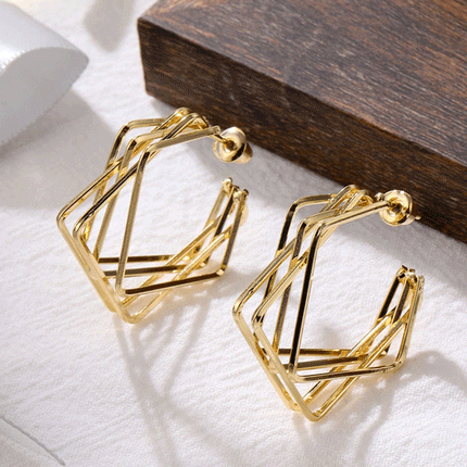 Girls Simple Multi Layer Square Decoration Earrings - Golden