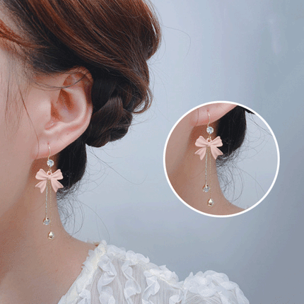 Rhinestone Bow Tassel Earrings - Pink