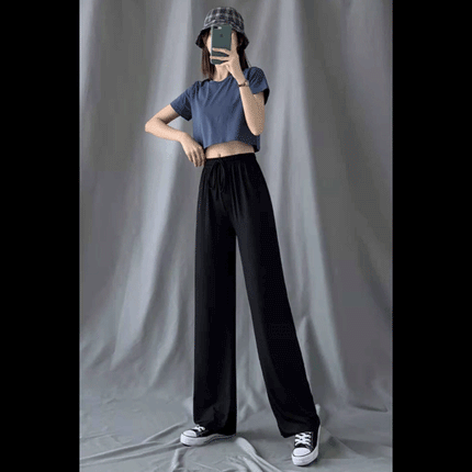 String Waist Solid Color Straight Loose Wear Women Trousers - Black