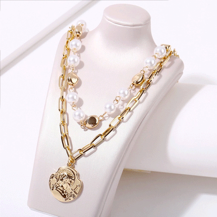 Girl Pearl Alloy Double Layer Fashion Necklace - Golden