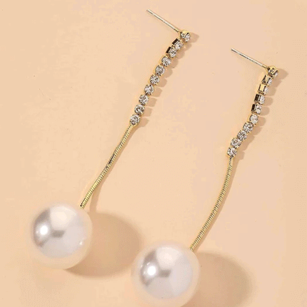 Ladies Pearl Tassel Rhinestone Long Earrings - White Gold