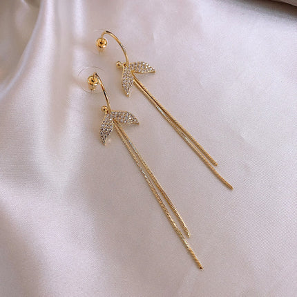 Ladies Rhinestone Fish Tail Tassel Earrings - Golden