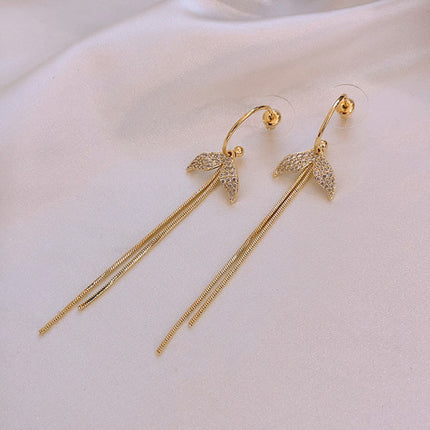 Ladies Rhinestone Fish Tail Tassel Earrings - Golden