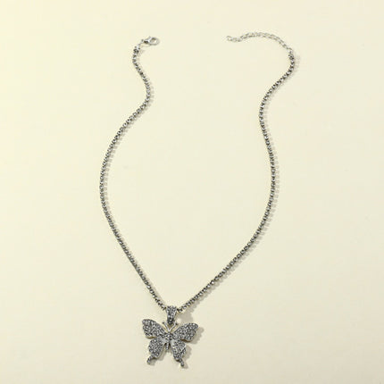 Woman Rhinestone Butterfly Necklace - Silver