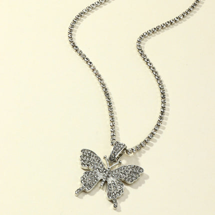 Woman Rhinestone Butterfly Necklace - Silver