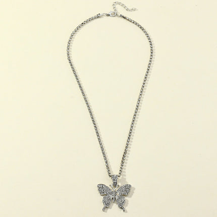 Woman Rhinestone Butterfly Necklace - Silver