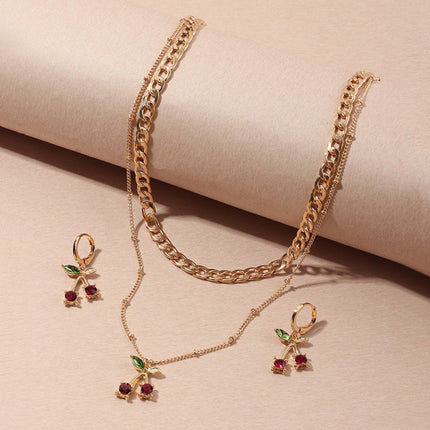 Ladies Berry Earrings And Necklace Set- Golden