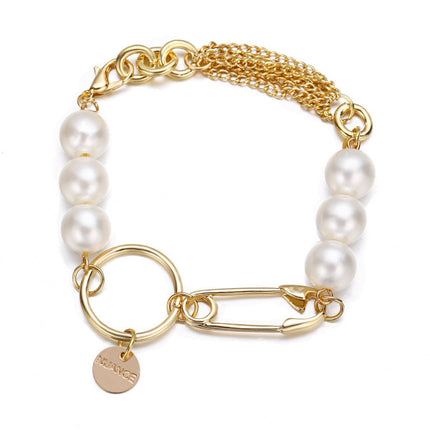 Vintage Simple Metal Paper Clip Pearl Bracelet - Golden