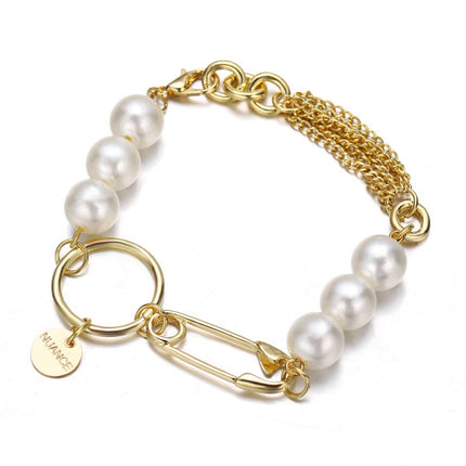 Vintage Simple Metal Paper Clip Pearl Bracelet - Golden