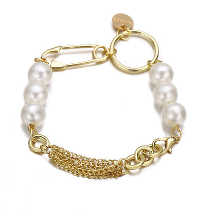 Vintage Simple Metal Paper Clip Pearl Bracelet - Golden