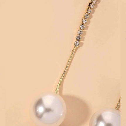 Ladies Pearl Tassel Rhinestone Long Earrings - White Gold