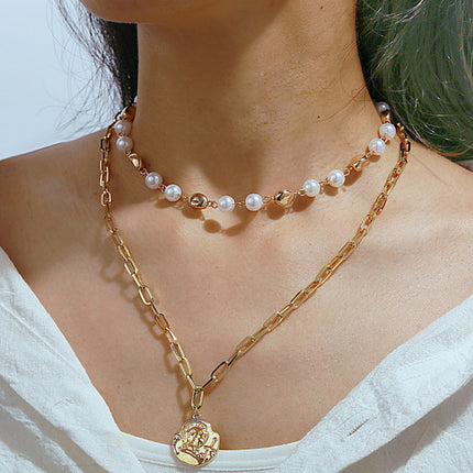 Girl Pearl Alloy Double Layer Fashion Necklace - Golden