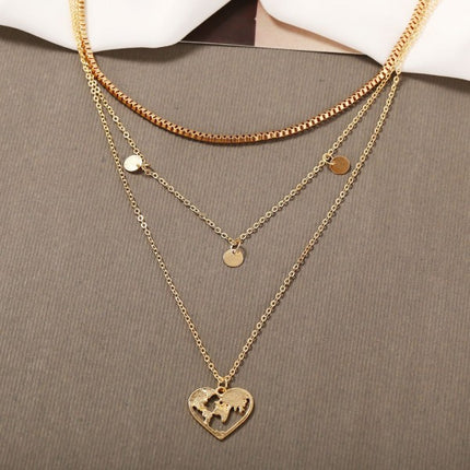 Girl Heart Map Alloy Multi Layer Fashion Necklace - Golden